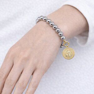 Saint Benedict Religious Women Gold Plated Brass Bead Bracelet